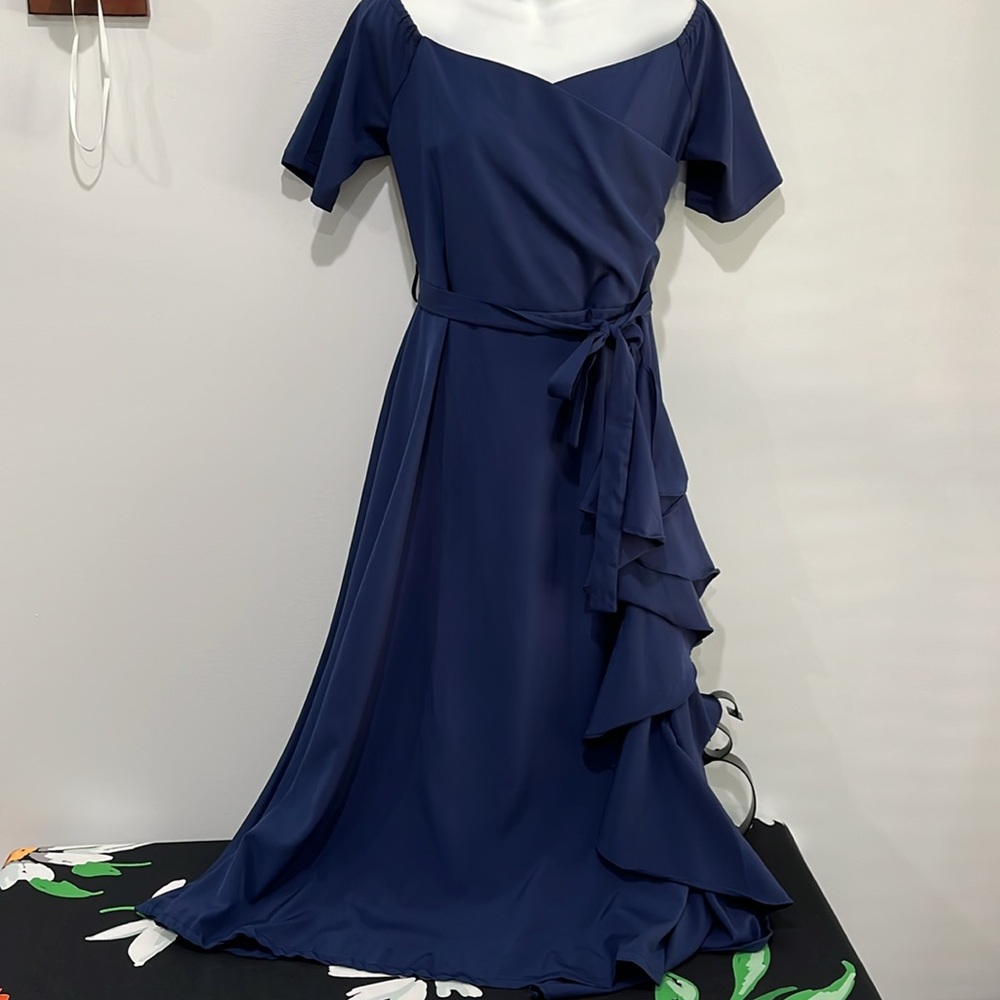 Never Worn! Navy Blue Off Shoulder Faux Wrap Midi Dress, Size Medium